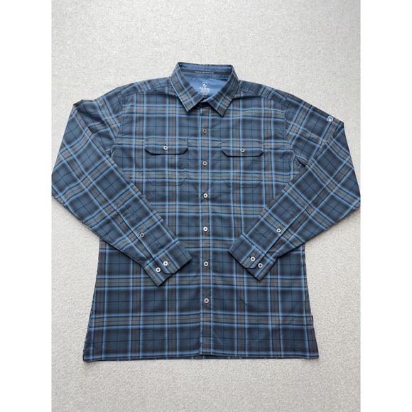 Kuhl Shirt Mens Medium Blue Gray Plaid Button Front Long Sleeve Outdoor Hiking - Picture 1 of 9